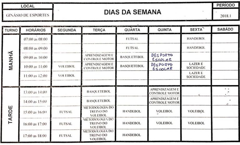 Horário do GE no ensino em 2018.1